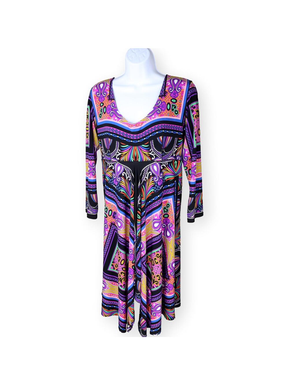 Eva Varro Purple Black Geometric Print Stretch Jersey Knit Dress L